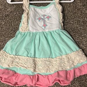 Mint and Pink Kids Dress with Lace Trim